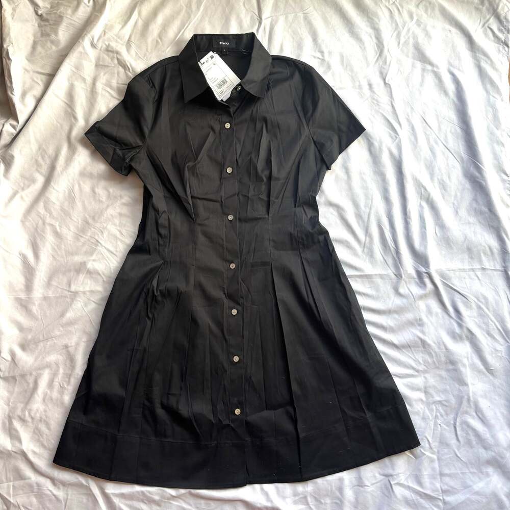Theory Precise 2 Black Pleated Shirt Dress Small NWT $325  Quiet Luxury
